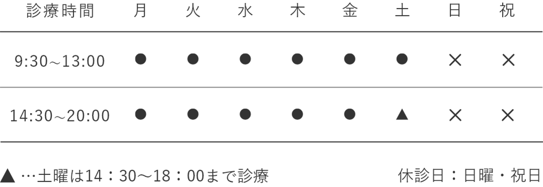 診療時間、月曜～金曜：9:30～13:00/14:30～20:00、土曜：9:30～13:00/14:30～18:00、休診日：日曜・祝日