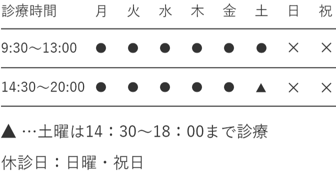 診療時間、月曜～金曜：9:30～13:00/14:30～20:00、土曜：9:30～13:00/14:30～18:00、休診日：日曜・祝日